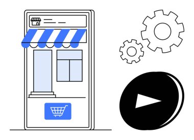 Mağaza önü arayüzü, alışveriş arabasının düğmesi, özelleştirme ayarları için vites ayarları ve çalma düğmesi olan akıllı telefon. E-ticaret, dijital pazarlama, teknoloji, çevrimiçi perakende, mobil uygulamalar için ideal