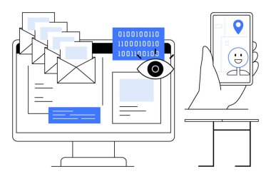 Bilgisayar e-posta gelen kutusunu, ikili kodları, gözü ve konum simgesini görüntülüyor. Veri gizliliği, siber güvenlik, dijital izleme, mobil koruma, e-posta izleme teknolojisi için ideal