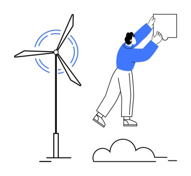 Sürdürülebilir enerji konsepti. Rüzgar türbini yenilenebilir enerji ile sürdürülebilirliği destekleyen bir tabela tutuyor. Sürdürülebilir uygulamalar, yenilenebilir enerji kaynakları, dijital çizimler