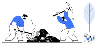 Kripto para madenciliği. İşçiler dijital madeni paraları çıkarmak için taş kırıyorlar, kripto para madenciliği yapıyorlar. Kripto para birimi araçları, engelleme zinciri entegrasyonu. Fintech, madencilik, blok zinciri, ekonomi dijital