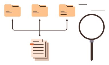 Bağlı klasörler, istiflenmiş belgeler ve veri organizasyonu ve aramasını temsil eden büyüteç. Yönetim için ideal, verimlilik, analiz, planlama, veritabanı, depolama basit düz metaforu