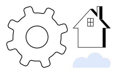 Bir ev ve bulutun yanında vites sembolü. Yenilik için ideal, ev otomasyonu, teknoloji, mühendislik, akıllı sistemler, bağlantı ve basitlik. Minimalist ve düz metafor
