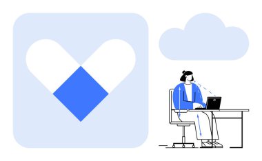 Uzaktan çalışma konsepti. Bir işçi, bulut hesaplama grafiğinin yanında dizüstü bilgisayar kullanarak masada oturuyor. Uzak çalışmaların bulut faydaları, bağlantı ve modern dijital işbirliği. Teknolojiyle alakalı.