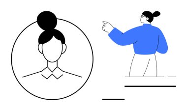 Yuvarlak çerçeveli kadın portresi ve ileri bakan mavi soyut bir figür. Kimlik, liderlik, karar verme, takım çalışması, yön, iletişim, motivasyon, basit