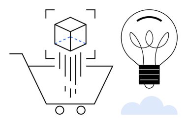 Bir alışveriş arabasına giren soyut küp, büyük parlayan ampul ve küçük bulut. Yenilik, teknoloji, e-ticaret, yaratıcılık, çözümler, girişimcilik dijital dönüşüm için ideal