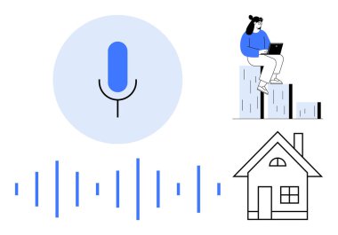 Ses dalgalı mikrofon, bar grafiklerinde dizüstü bilgisayar kullanan bir kadın ve bir ev. Uzaktan çalışma, akıllı ev, podcast, teknoloji, ses tanıma, yenilik ve veri görselleştirme için ideal