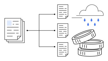 Daha küçük dosyalara ayrılan dokümanlar, yağmur damlalarıyla bulutlar, veri monetizasyonunu sembolize eden paralar. Dosya organizasyonu, veri akışı, bulut depolama, kar, teknoloji, süreç için ideal