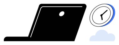 Yakın saate sahip bir laptop aç ve zaman yönetimi, iş-yaşam dengesi, çevrimiçi iletişim, uzaktan çalışma ve dijital verimlilik öneriyor. Üretkenlik, uzak görevler ve verimlilik için ideal