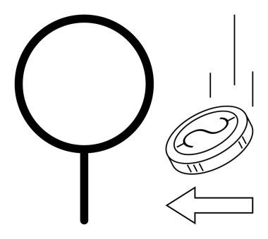 Düşen paraya odaklanan büyüteç üzerinde analiz, inceleme ya da yön belirten bir ok var. Finans, yatırım, karar verme, araştırma, strateji, planlama için ideal daire