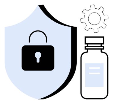 Kilit sembollü, teçhizatlı ve ilaç şişeli kalkan güvenlik, yenilik ve sağlık güvenliğini vurguluyor. Sağlık teknisyeni, veri gizliliği, aşı, teknoloji tıbbı için ideal.