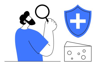 Sakallı adam bir kalıp peyniri incelerken büyüteç tutuyor. Haçlı sağlık kalkanı korunmayı simgeler. Gıda güvenliği, sağlık, beslenme, teftiş, hijyen ve önleyici bakım için ideal