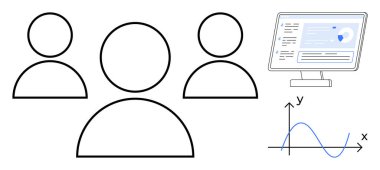 Üç kullanıcı simgesi takım çalışması ve işbirliğini temsil ederken, bir bilgisayar ekranında izleme ve güvenlik verileri gösteriliyor ve bir grafik veri analizini gösteriyor. Verimlilik ve analitik için ideal