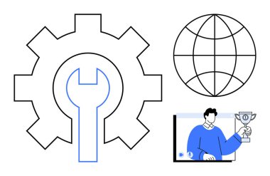 Araç ve ayarlar için vites ve anahtar simgesi, bağlantı için küresel ağ sembolü, ekranda kupa tutan adam. Takım çalışması, teknoloji, yenilik, başarı, liderlik, küresel ulaşım için ideal