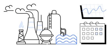 Bacaları, depolama tankları ve suyu olan bir fabrika, trend çizelgesi ve takviminin yanında. Endüstri, üretim, analiz, enerji üretim planlama sürdürülebilirliği için idealdir. Basit düz
