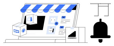 Bir dizüstü bilgisayar mağazasında dijital vitrin ürünleri, alışveriş torbaları ve uyarı zili. E-ticaret, çevrimiçi alışveriş, dijital pazarlama, iş tanıtımı, perakende, teknoloji tüketicisi için ideal