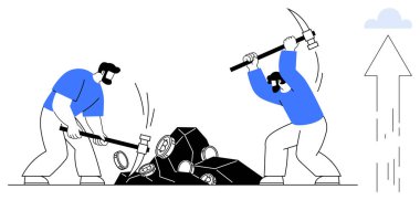 Kazma ve çekiçle madencilik yapan, kayalardan dişli çıkaran iki kişi, yukarı doğru ok ilerlemeyi temsil ediyor. Takım çalışması, çaba, kararlılık, kaynak çıkarma, optimizasyon için ideal