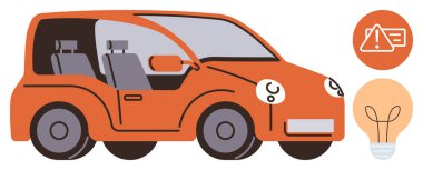 Turuncu araba sola dönük, güvenlik uyarısı işareti ve ampul grafiği. Otomotiv tasarımı, teknoloji, yenilik, çevre dostu hareketlilik, güvenlik farkındalığı, ulaşım sistemleri ve ilerleme için ideal