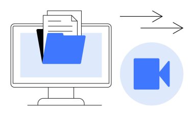 Dizin ve veri transferini gösteren dosyaları, hareketi simgeleyen okları, video simgesini görüntüle. Dijital işbirliği için ideal, çevrimiçi depolama, veri paylaşımı, iş akışı, video akışı, bulut