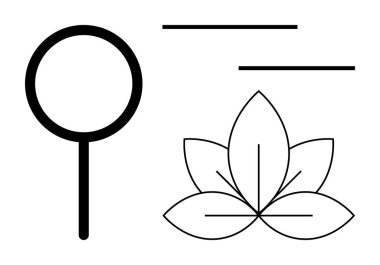 Nilüfer çiçeğinin yakınındaki büyüteç. Temiz çizgileri var. Araştırma, farkındalık, sağlık, rahatlama, doğa keşfi, bilim, basitlik ve ekolojik kavramlar için idealdir. Basit düz