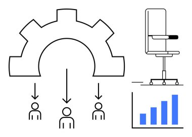 Üç kişiyi birbirine bağlayan dişli, ofis koltuğu, dikey bar grafiği. Takım çalışması, iş akışı, otomasyon, verimlilik, işletme verimliliği kariyeri için ideal. Bir daire için minimalist stil