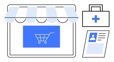 E-ticaret konsepti. Mağaza ikonu, alışveriş arabası, tıbbi sembol ve kimlik kartı ile e-ticaret. Sağlık, kimlik ve çevrimiçi perakende sektörünü birbirine bağlayan e-ticaret. Dijital alışveriş sağlık hizmetleri için
