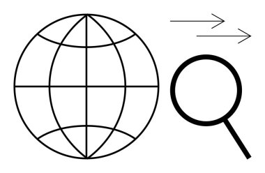 Enlem ve boylam çizgileri olan küre, büyüteç, hareket eden oklar. Araştırma, keşif, navigasyon, internet, küreselleşme veri analizi eğitimi için idealdir. Basit düz