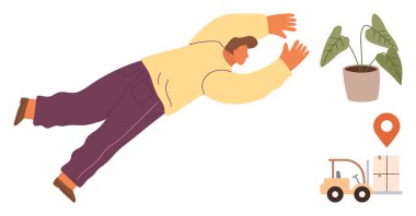 Hareket halinde olan kişi forklift kutuları, saksıda bir bitki ve yer belirteci ile öne doğru uzanıyor. Taşınma, lojistik, takım çalışması, hedef belirleme, arzu büyümesi ve minimalizm için ideal