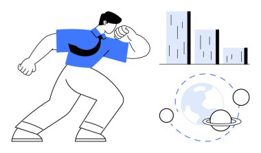 Kendine güvenen iş elbiseli bir adam bir bar çizelgesinin yanında ve yörüngedeki gezegenlerin etrafında poz veriyor. Analiz, başarı, strateji, yenilik, ilerleme, keşif ve liderlik için ideal. Basit düz metafor