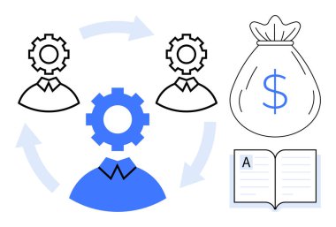 Dişli başlı bireyler oklarla bağlanıyor dolar sembolü ile işaretlenmiş çuvallar ve açık kitap konsepti. Takım çalışması, ilerleme süreci, mali planlama, eğitim, yenilik ve bilgi paylaşımı için ideal