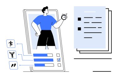 Akıllı telefon izleme fitness çalışmasında avatar olarak gösterilen kişi. Grafikler, etkinlik simgeleri, kontrol listesi ve veri düzenini içerir. Fitness, sağlık, izleme, uygulama arayüzleri için ideal analitik hedef