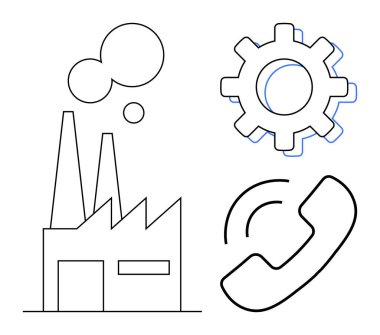 Fabrika inşaatı, çark, ve telefon alıcısı çizim endüstrisi, makineler, iletişim. İş, üretim, teknoloji, lojistik bağlantı endüstriyel işlemler için ideal