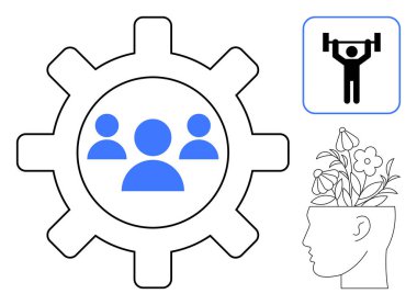 Takım çalışması için bir grup ikonu, kişisel gelişimi sembolize eden çiçekli bir beyin, güç için halterci ikonu. İşbirliği, kendini geliştirme, büyüme zihniyeti, fitness, akıl sağlığı için ideal