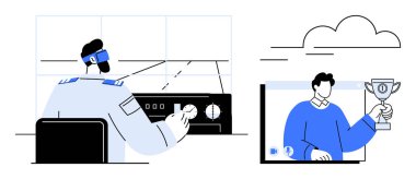 Pilot uçak kontrolleri pilot kabininde elinde kupa tutan kişinin dijital görüntüsüyle birlikte. Havacılık, sanal gerçeklik, uzak işlemler, çevrimiçi başarı, takım çalışması, fütüristik