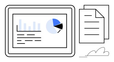 Tablet ekranı istiflenmiş belgelerin yanında çizelgeleri, grafikleri ve metinleri gösterir. Analiz, raporlama, iş planlaması, teknoloji, araştırma stratejisi ve sunumlar için ideal. Basit düz