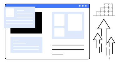 Web sitesi tasarımı. Elementler tasarım yapısı ve web içeriği organizasyonunu gösteriyor. Web sitesi kullanıcı arayüzü, veri akışı ve içerik stratejisi. UX tasarım, web geliştirme, iş için
