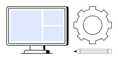 Bilgisayar monitörü ızgara düzeni, ayarlar ya da sistem için dişli, yaratıcılık için kalem gösteriyor. Teknoloji, web tasarımı, mühendislik, beyin fırtınası, yenilik, eğitim için ideal basit düz metafor