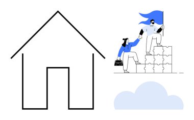 Basitleştirilmiş ev taslağı, üst üste dizilmiş yapboz parçalarıyla işbirliği yapan iki kişi, mavi bulut. Takım çalışması, liderlik, başarı, büyüme, sorun çözme başarısı için idealdir. Basit düz