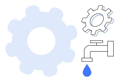 Büyük dişli, daha küçük dişli, su damlacıklı musluk verimliliği, yeniliği ve akışı sembolize eder. Mühendislik, mekanik, sürdürülebilirlik, süreç planlama takım çalışması sistemi tasarımı için ideal