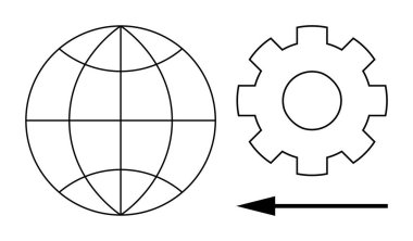 Küresel kavram Dünya çapındaki bir ok, teknoloji ve hareketin yanında dünya çapında ikonlar var. Küresel sistem gelişimi ve bağlantısı. İşlemler, süreç tasarımı, düşünme sistemleri için