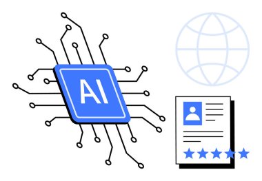 Devreli yapay zeka işlemcisi, dünya tasarımı ve reytingli kullanıcı profili. Teknoloji, yapay zeka sistemleri, kullanıcı incelemeleri, küresel hesaplama, veri işleme, yenilik makinesi öğrenme kavramları için ideal