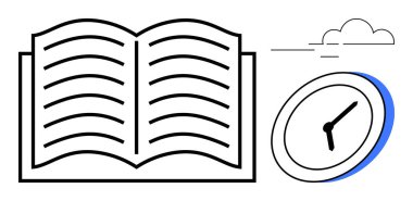 Görünür sayfaları olan açık bir kitap, saati gösteren bir saat ve bulut öğesi. Eğitim, eğitim, bilgi, okuma alışkanlıkları, zaman yönetimi verimliliğini öğrenmek için idealdir. Basit düz metafor