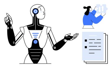 Yapay zeka robot hareketleri, teknoloji diyagramı ile insan etkileşimi, ve buluşları simgeleyen belgeler, takım çalışması, otomasyon, makine öğrenmesi, iş akışı verimliliği, gelecek teknolojisi, basit düz metafor
