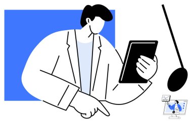 Dijital iletişim. Bir profesyonel mesajlaşma simgeleri, teknolojik arayüzü ve dijital iletişim süreçleri olan bir tablet kullanır. Teknoloji, ağ ve mobil kullanım için mükemmel