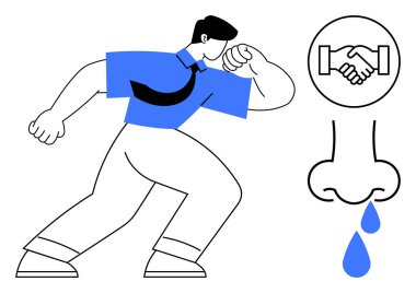 Sağlık farkındalığı kavramı. Hapşırma, burun akıntısı ve hijyen sorunları el sıkışmayı önlüyor. Sağlık eğitimi ve önleme kampanyaları için uygun sağlık mesajı. Sağlık hizmetleri