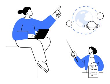 Dizüstü bilgisayarla işbirliği yapan, belgeleri okuyan, gezegenleri işaret eden insanlar. Eğitim, takım çalışması, teknoloji, bilim, araştırma yenilikleri için ideal. Minimalist basit düz metafor