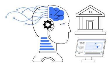 Yapay zeka, vites, veri akışı, banka binası ve bilgisayar yazılımlı insan profili. Finans, yapay zeka, teknoloji, yenilik, araştırma karar verme ve dijital dönüşüm kavramları için ideal
