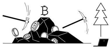 Bitcoin işaretli sikkeler siyah kayaların etrafına dağılır. Kazmalar kripto para birimine çarpar. Laptop ve ağaç teknolojiyi, yeniliği ve sürdürülebilirliği sembolize eder. Kripto para birimi için ideal