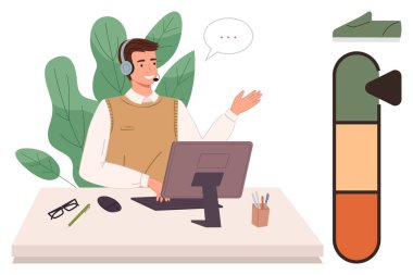 Müşteri hizmetleri temsilcisi resepsiyonda kulaklık takıyor, göstergede geri bildirim takip ediyor. Destek, iletişim, üretkenlik, tatmin, geri bildirim, hizmet kalitesi ve müşteri için ideal