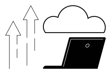 Bulutun yanındaki dizüstü bilgisayarda yukarı doğru giden oklar veri transferini, bağlantıyı ve depolamayı temsil ediyor. Yenilik, teknoloji, ağ, bulut hizmetleri, ölçeklenebilirlik, dijital araçlar için ideal basit düz