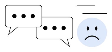 İletişim konsepti. Elipsleri gösteren konuşma baloncukları ve somurtkan bir yüz simgesi. Sohbeti ve duygusal ifadeyi vurgula. Kişisel bağlantı ve dijital medya iletişimi. İdeal